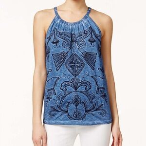 Inc International Concepts Printed Embellished Halter Denim Blue NWT size small